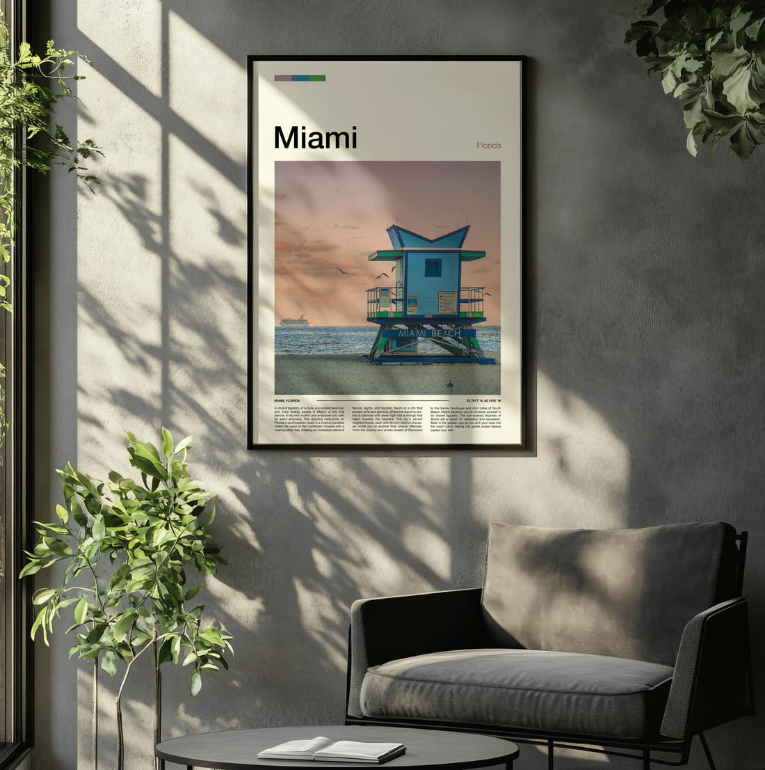 Miami Lifeguard Tower Travel Print framed on the wall of a relaxed living room