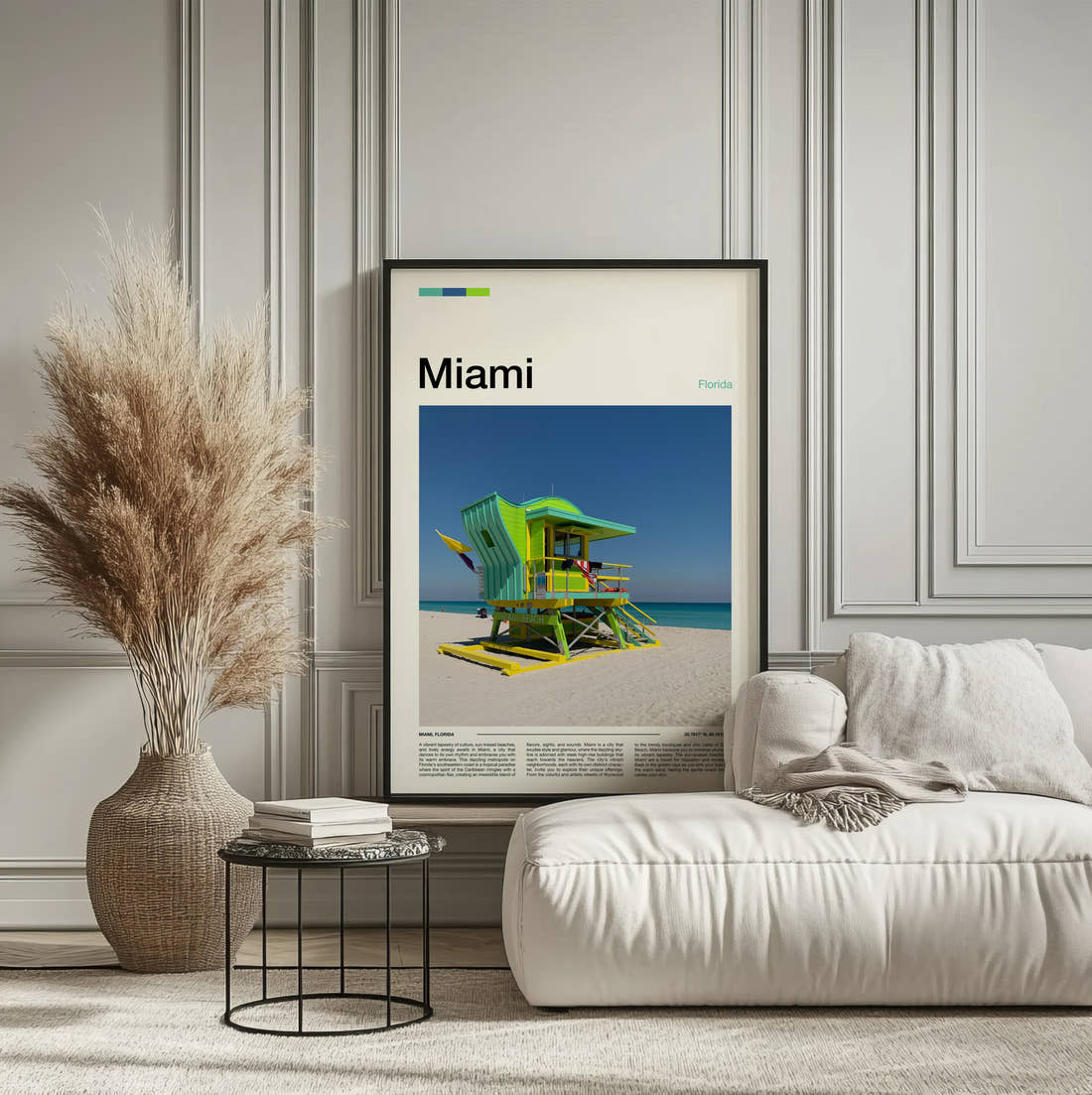 Miami Green Lifeguard Tower Travel Print framed on the wall of a calm, neutral bedroom