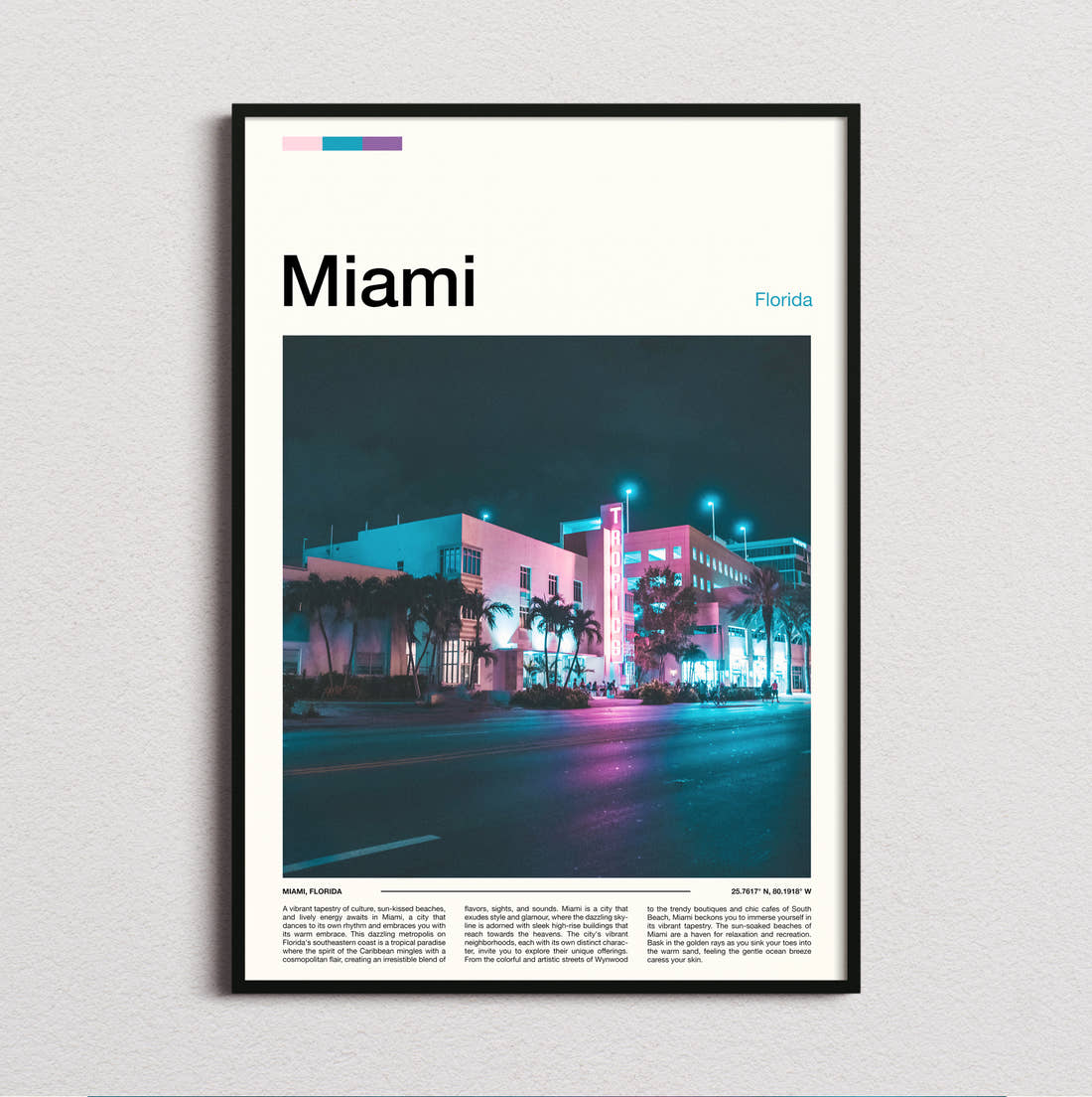 Miami Neon Art Deco Building Travel Print framed and photographed straight on