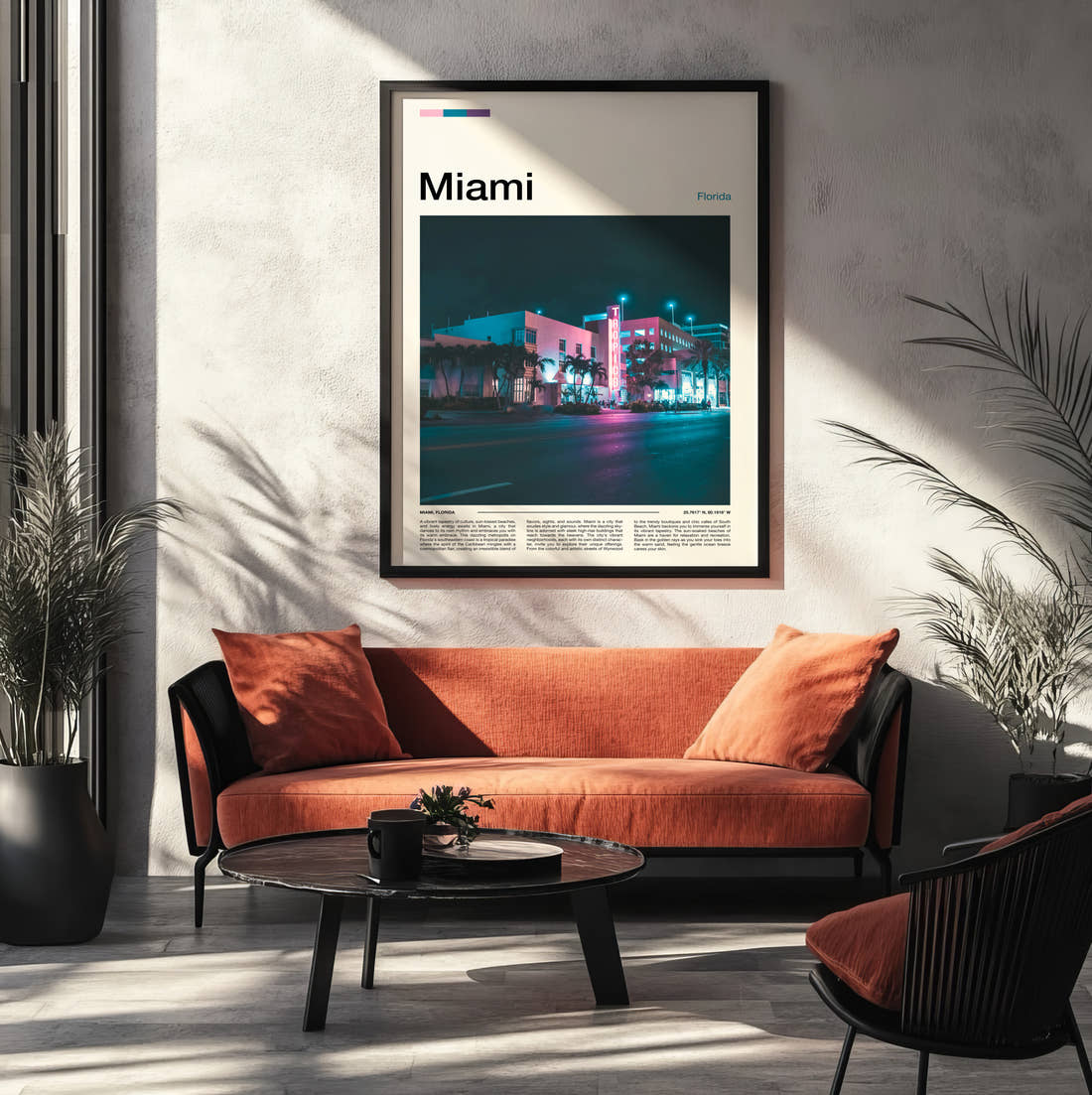 Miami Neon Art Deco Building Travel Print framed on the wall of a modern living room