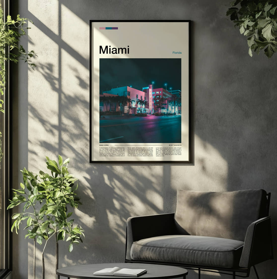 Miami Neon Art Deco Building Travel Print framed on the wall of a relaxed living room