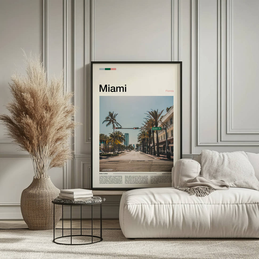 Miami Palm Lined Street Travel Print framed on the wall of a calm, neutral bedroom
