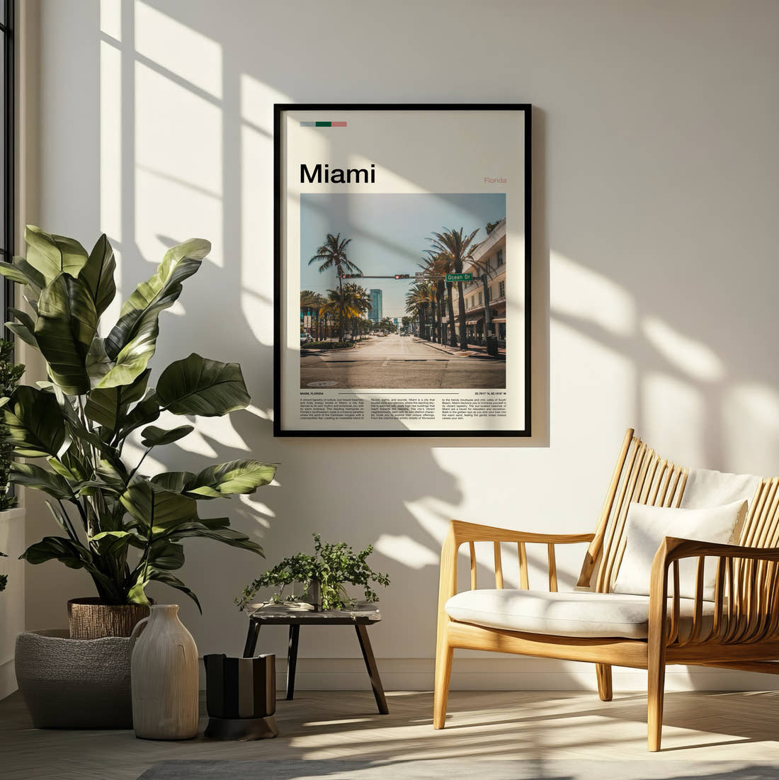 Miami Palm Lined Street Travel Print framed on a pale wall beside houseplants