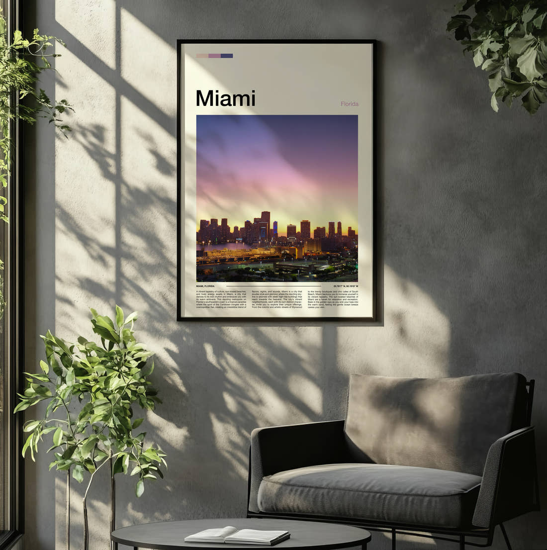 Miami Skyline At Sunset Travel Print framed on the wall of a relaxed living room