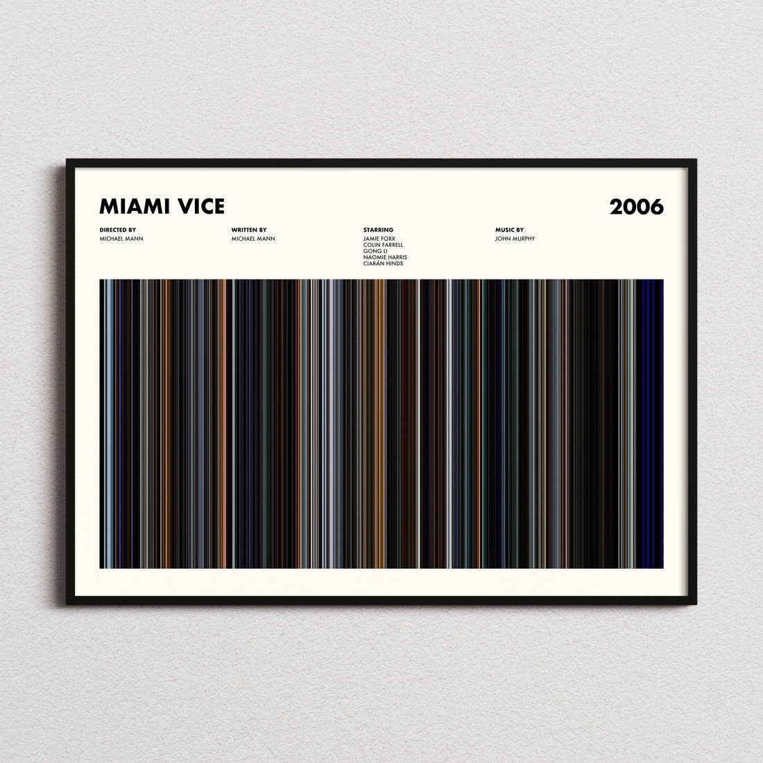 Miami Vice Movie Barcode Poster framed and photographed straight on
