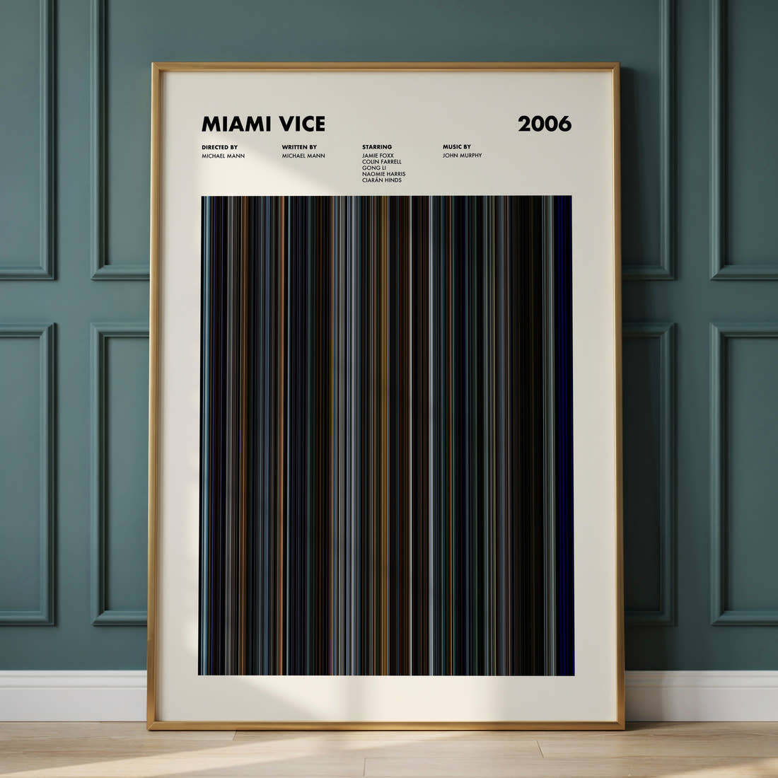 Miami Vice Movie Barcode Poster framed and leaning against a panelled wall