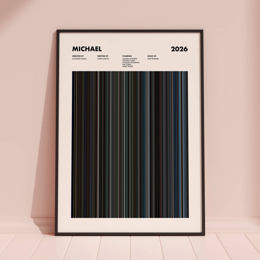 Michael Movie Barcode Poster framed and leaning against a coloured wall
