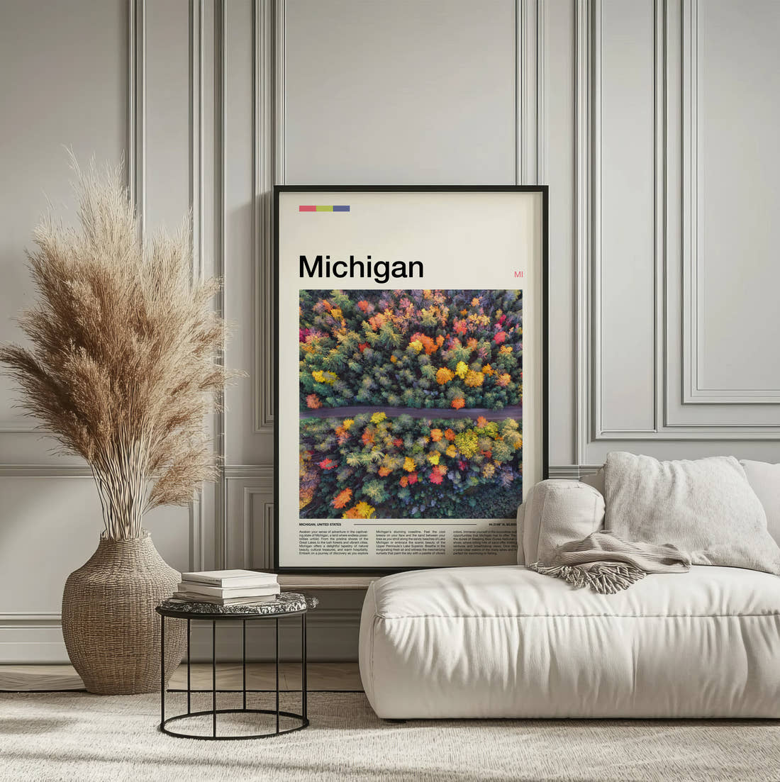 Michigan Aerial Autumn Forest Travel Print framed on the wall of a calm, neutral bedroom