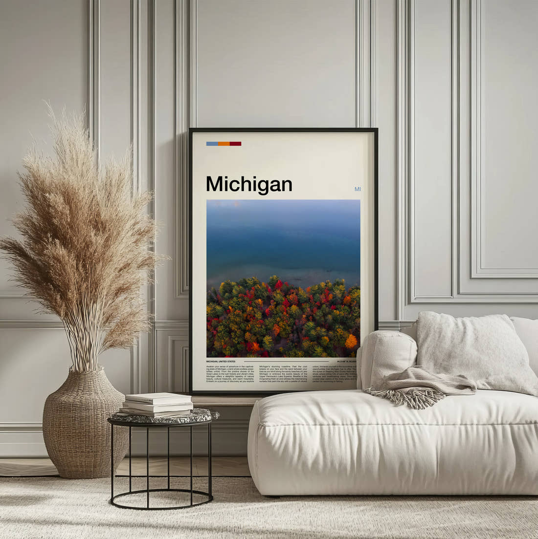 Michigan Autumn Trees By Water Travel Print framed on the wall of a calm, neutral bedroom