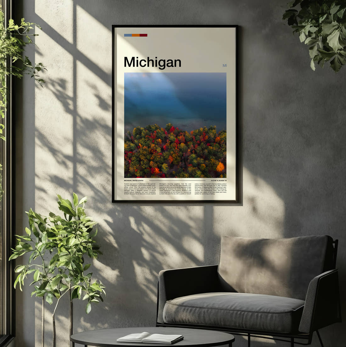 Michigan Autumn Trees By Water Travel Print framed on the wall of a relaxed living room