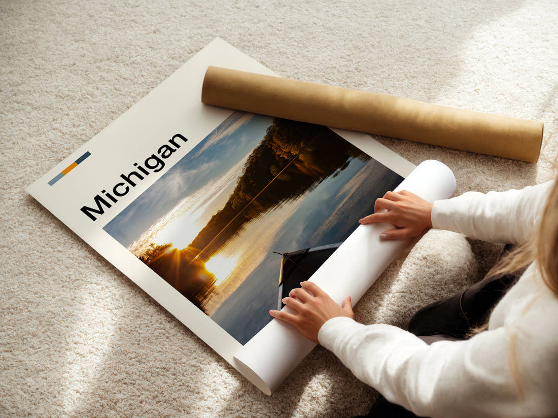Michigan Canoe On The Lake Travel Print being unrolled from its postal tube