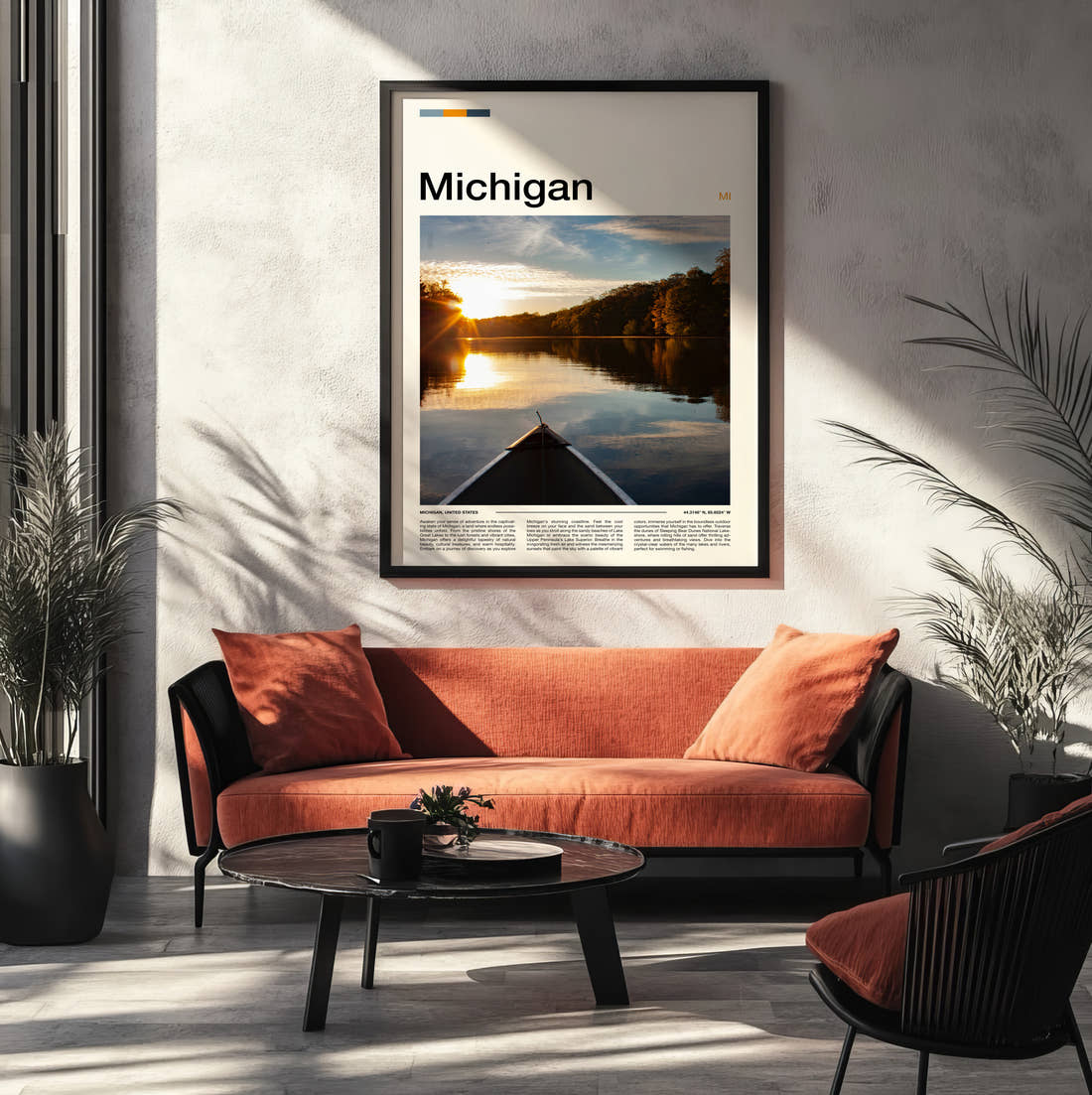 Michigan Canoe On The Lake Travel Print framed on the wall of a modern living room