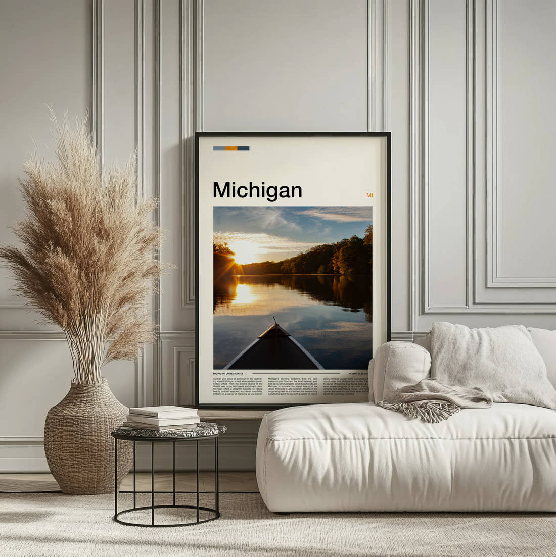 Michigan Canoe On The Lake Travel Print framed on the wall of a calm, neutral bedroom