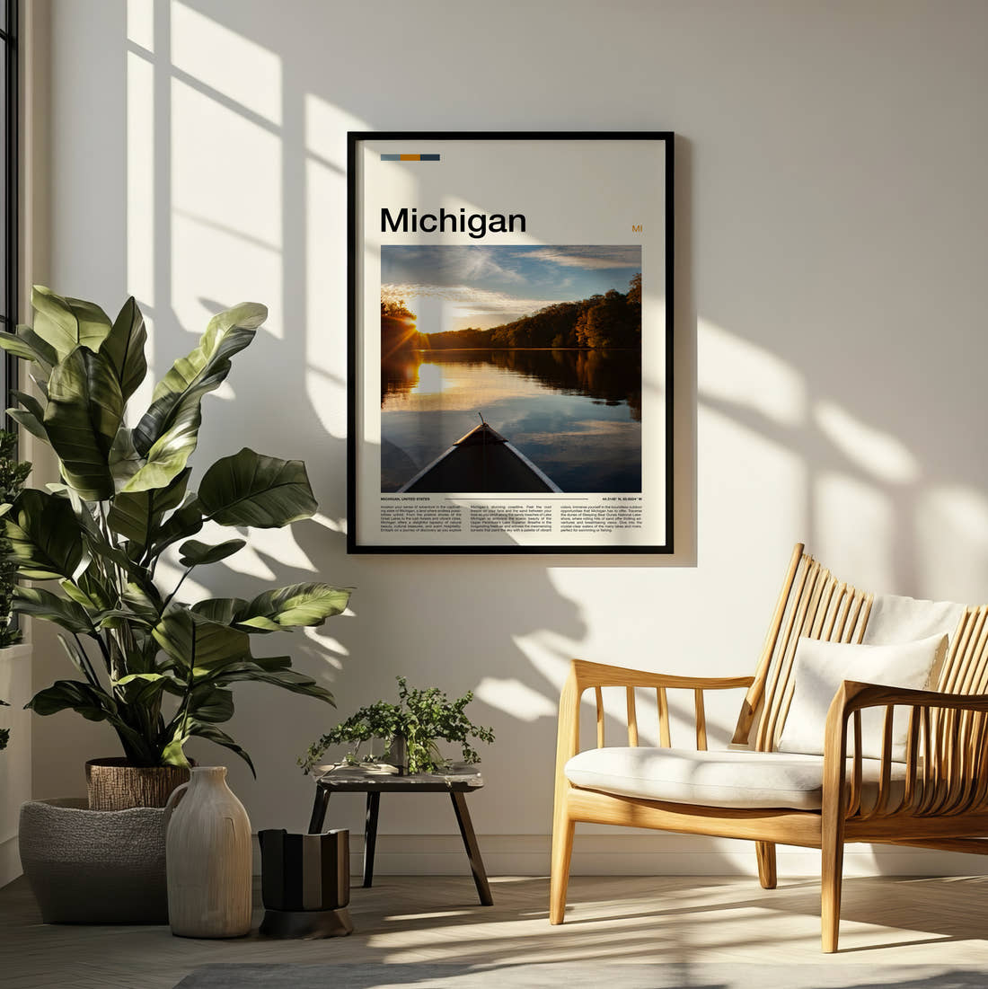 Michigan Canoe On The Lake Travel Print framed on a pale wall beside houseplants