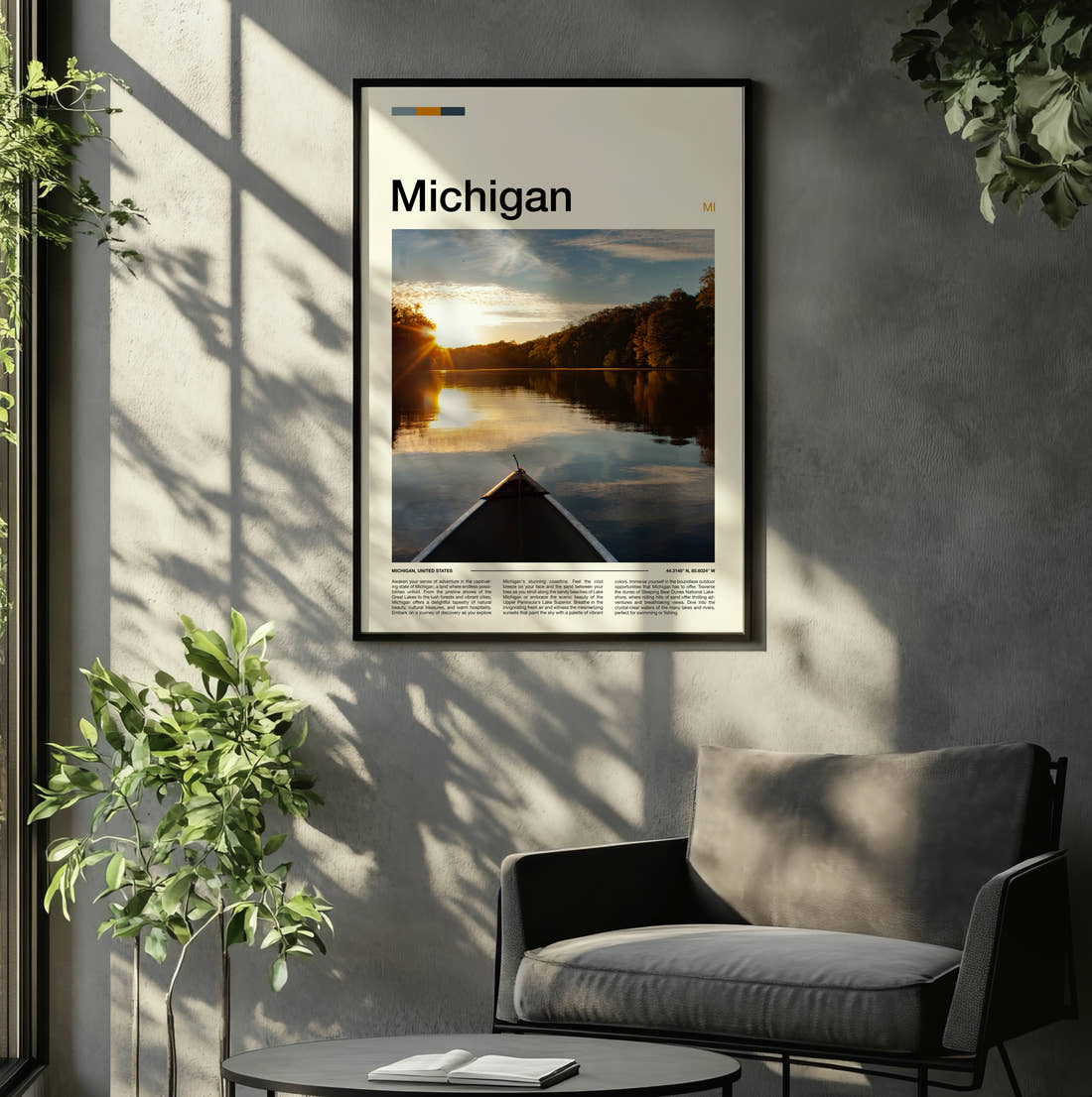 Michigan Canoe On The Lake Travel Print framed on the wall of a relaxed living room