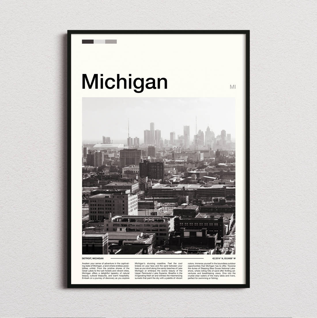Michigan Black And White Skyline Travel Print framed and photographed straight on