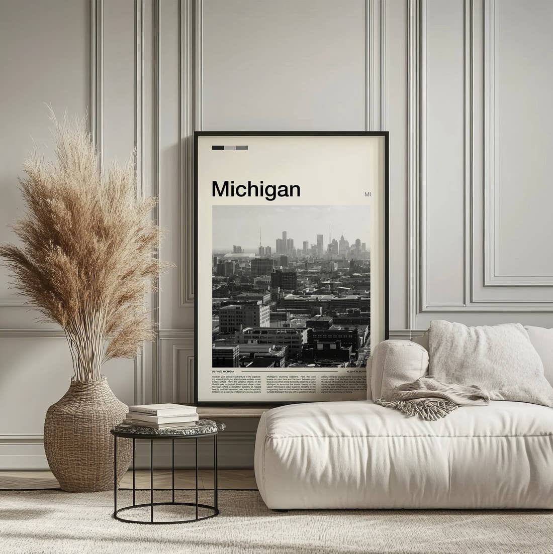 Michigan Black And White Skyline Travel Print framed on the wall of a calm, neutral bedroom