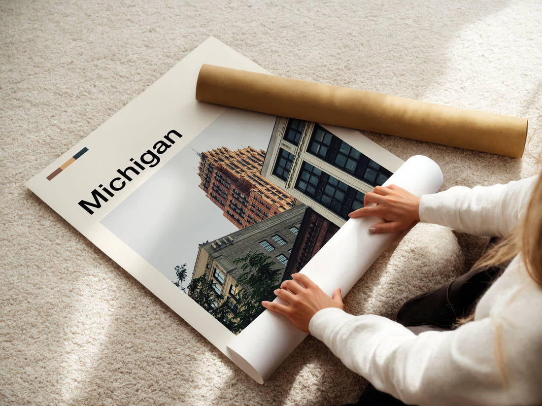 Michigan Art Deco Tower Travel Print being unrolled from its postal tube