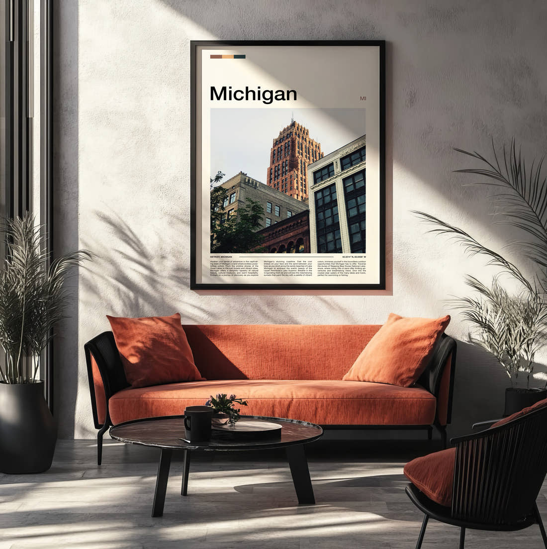 Michigan Art Deco Tower Travel Print framed on the wall of a modern living room