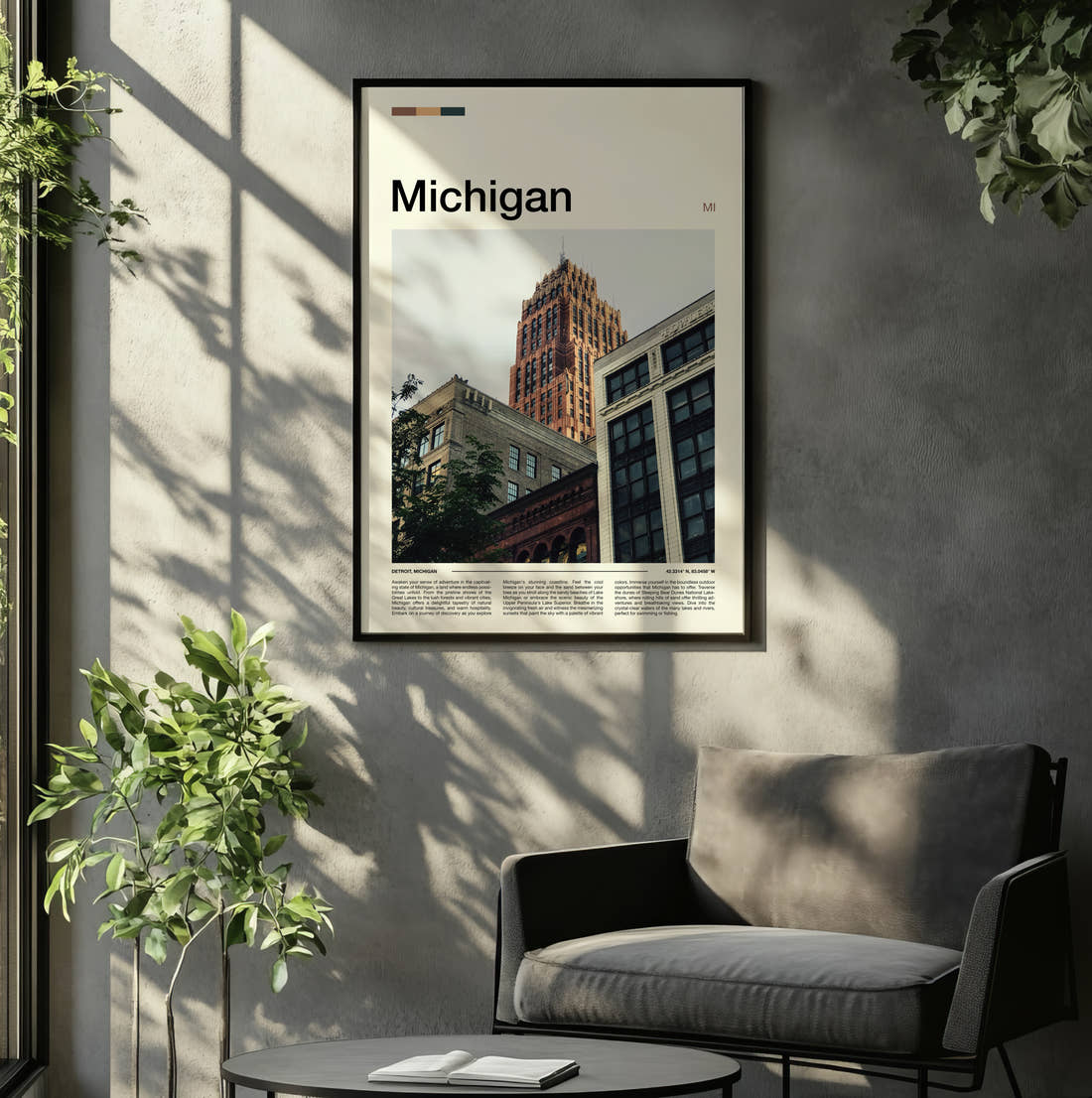 Michigan Art Deco Tower Travel Print framed on the wall of a relaxed living room