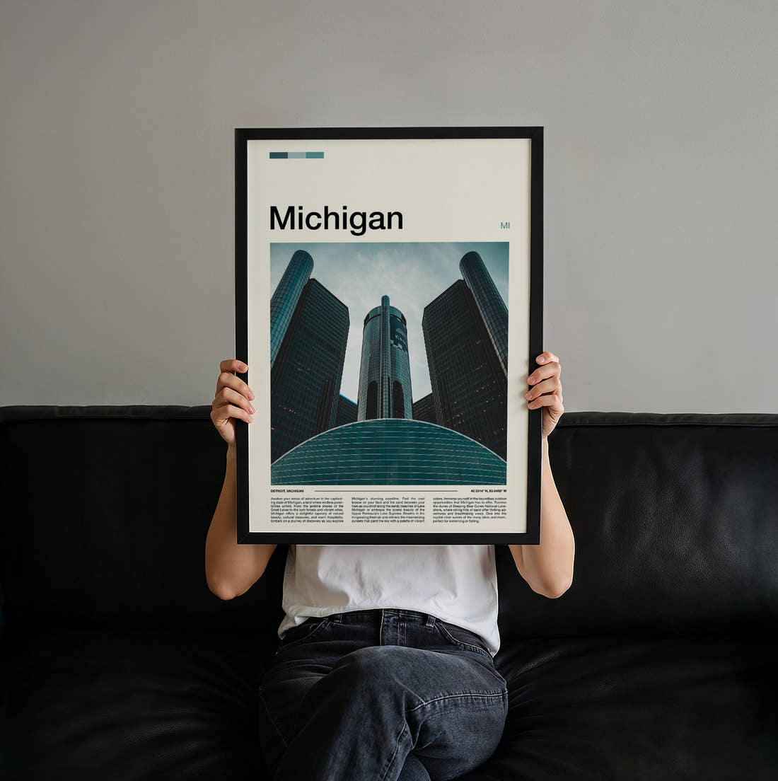Michigan Renaissance Center Travel Print held up by hand to show the size of the print