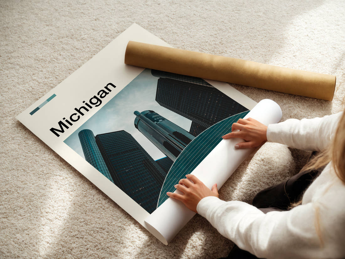 Michigan Renaissance Center Travel Print being unrolled from its postal tube