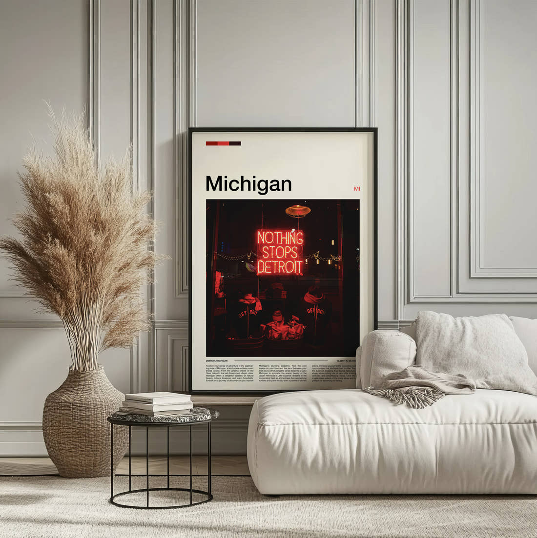 Michigan Red Neon Sign Travel Print framed on the wall of a calm, neutral bedroom