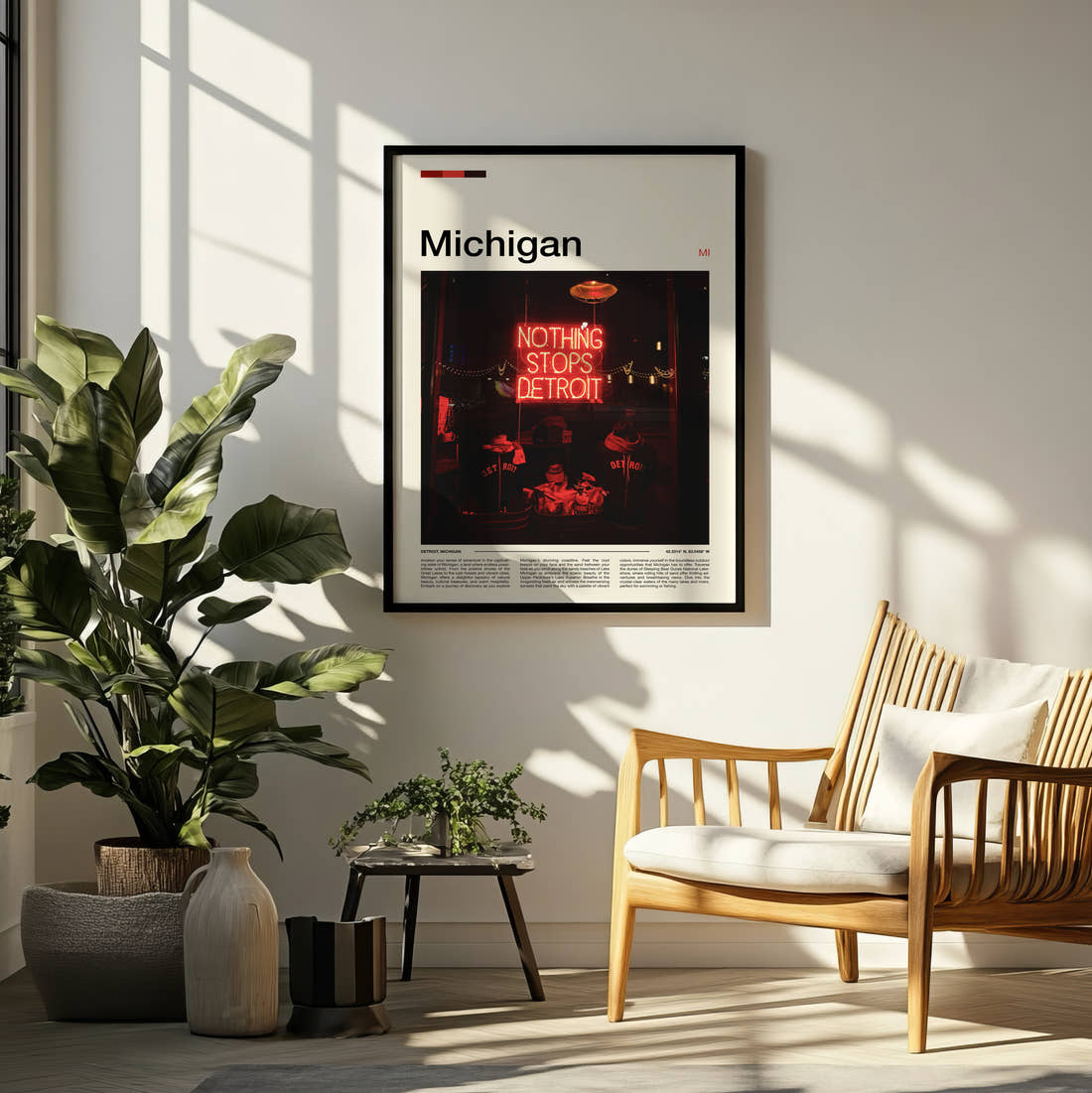 Michigan Red Neon Sign Travel Print framed on a pale wall beside houseplants