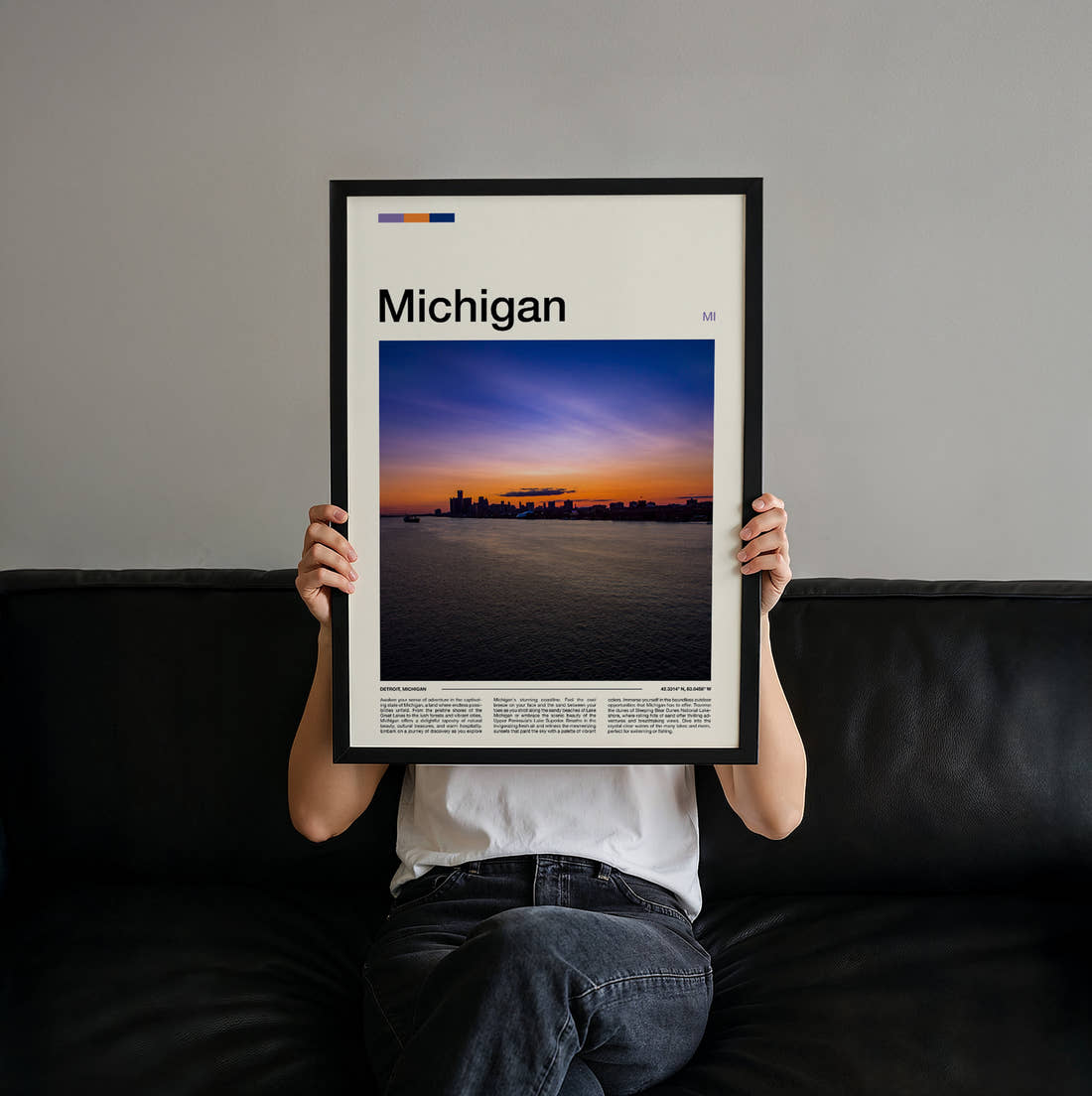 Michigan Sunset Over Water Travel Print held up by hand to show the size of the print
