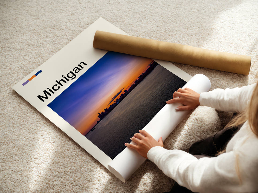 Michigan Sunset Over Water Travel Print being unrolled from its postal tube
