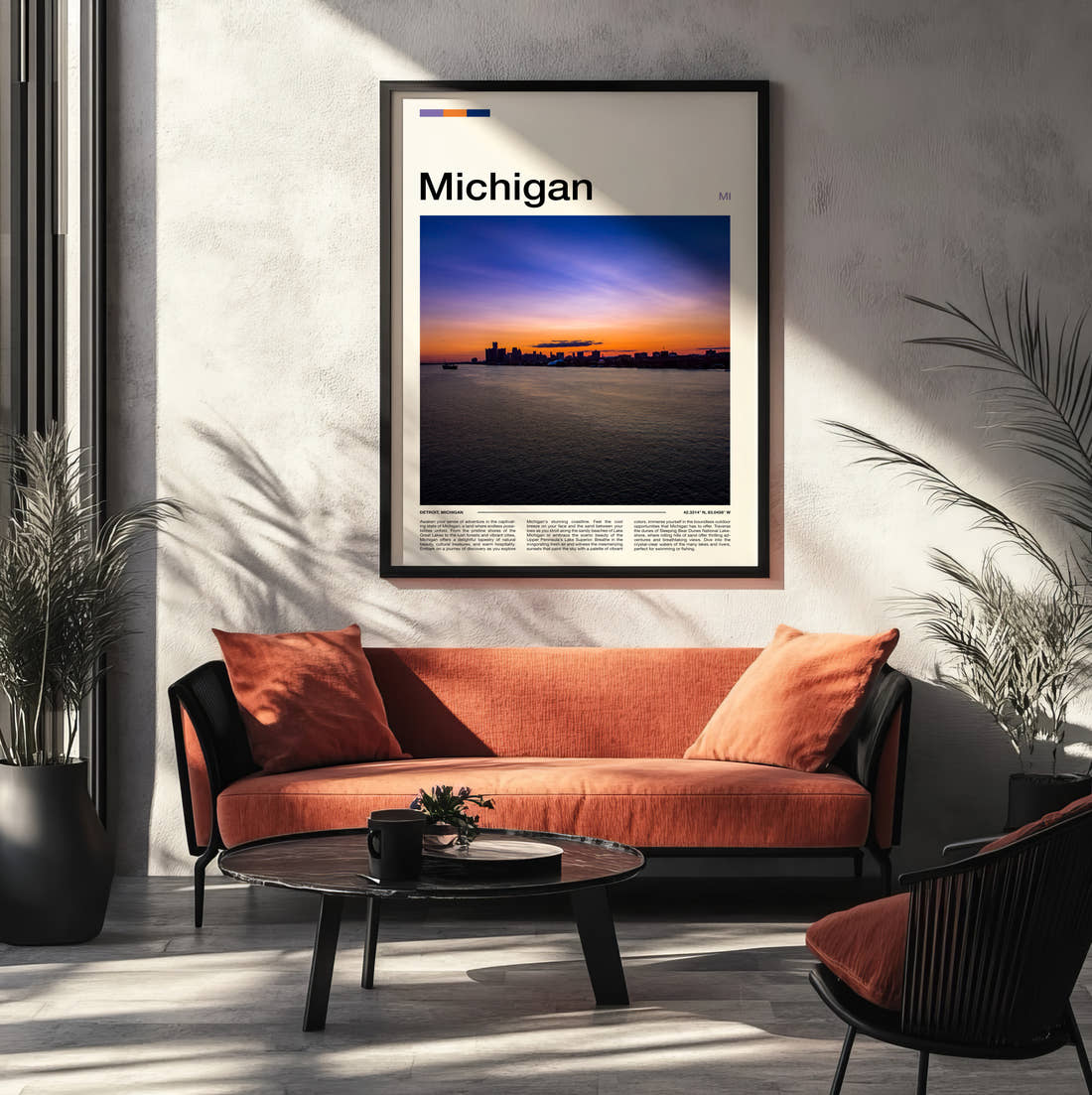 Michigan Sunset Over Water Travel Print framed on the wall of a modern living room