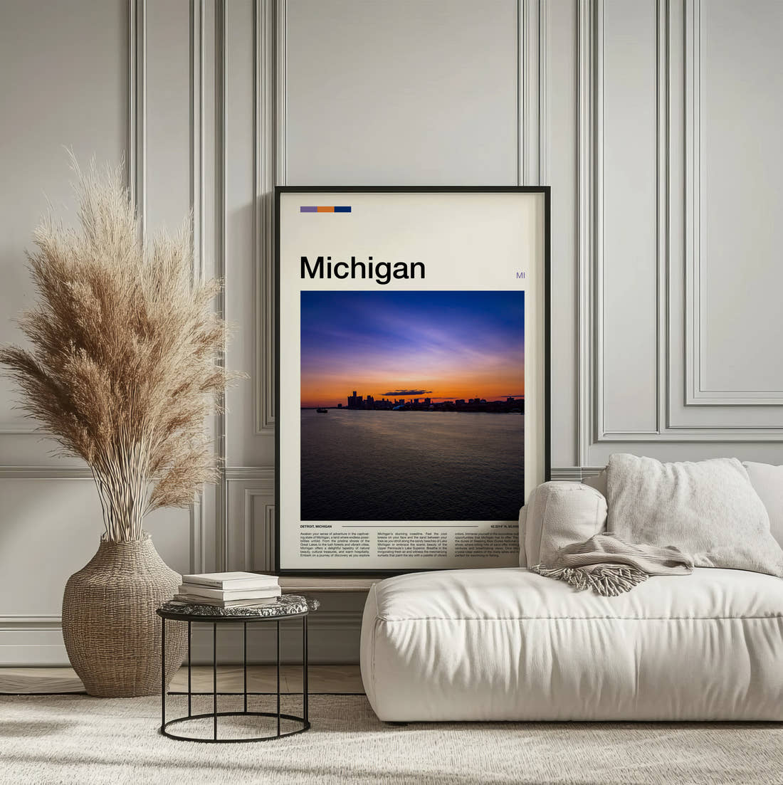 Michigan Sunset Over Water Travel Print framed on the wall of a calm, neutral bedroom