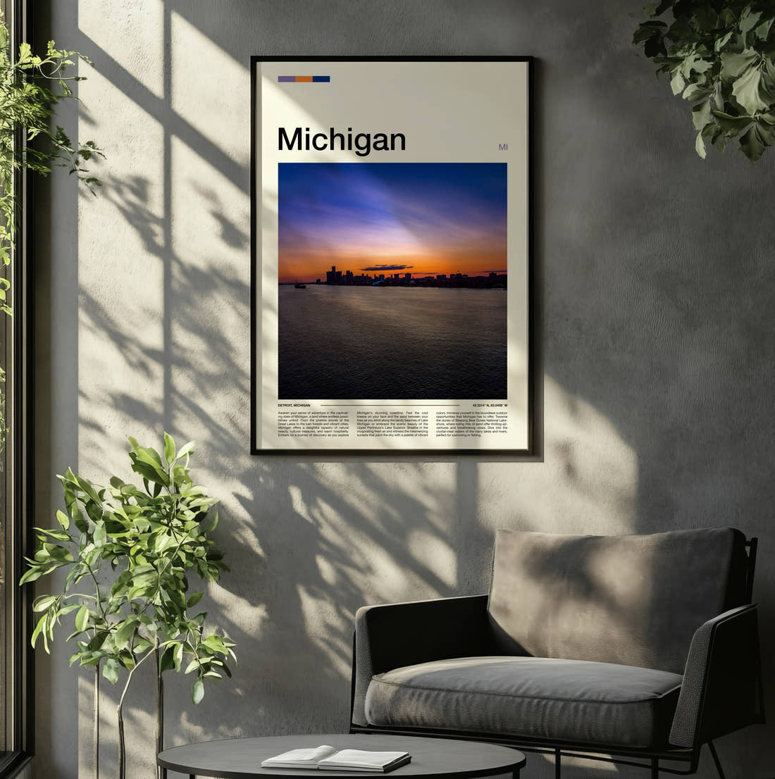 Michigan Sunset Over Water Travel Print framed on the wall of a relaxed living room