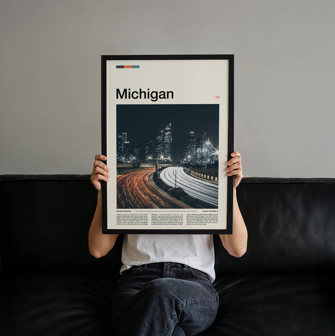 Michigan Light Trails At Night Travel Print held up by hand to show the size of the print