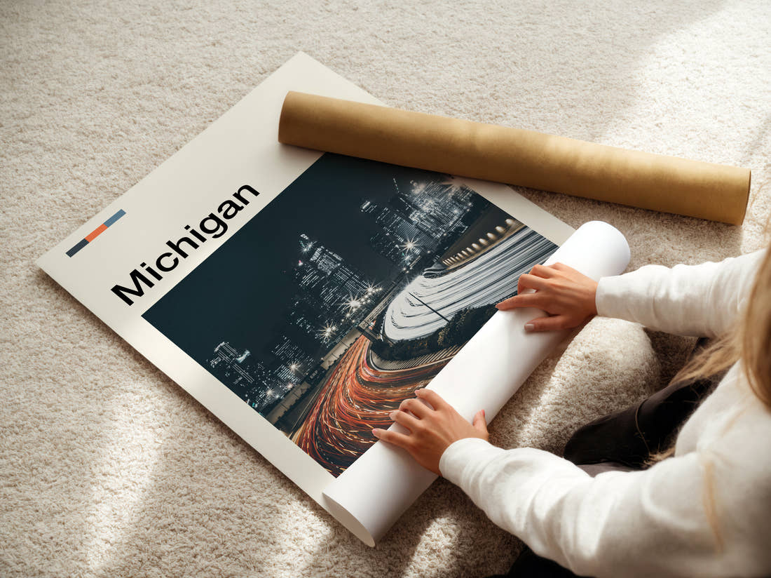 Michigan Light Trails At Night Travel Print being unrolled from its postal tube