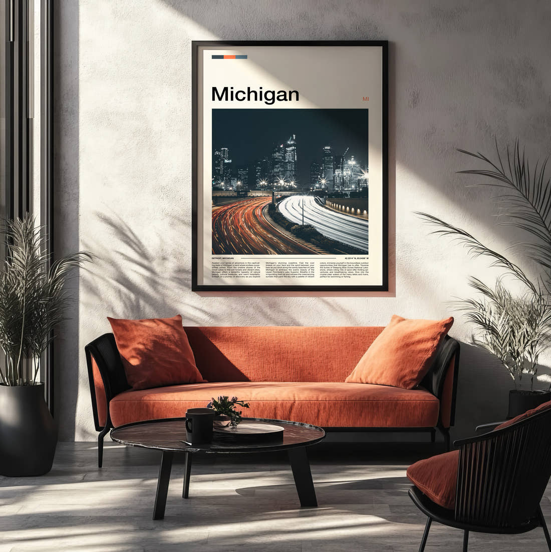 Michigan Light Trails At Night Travel Print framed on the wall of a modern living room