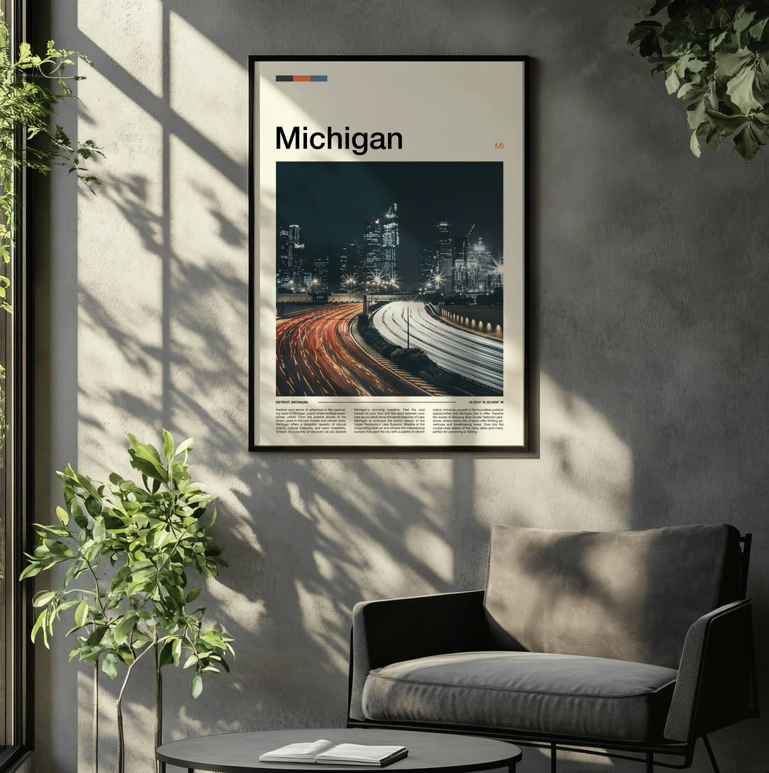 Michigan Light Trails At Night Travel Print framed on the wall of a relaxed living room