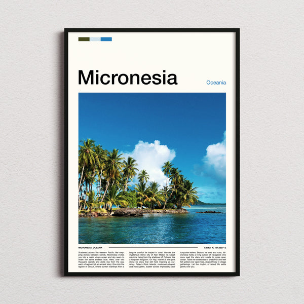 Micronesia Palm-Fringed Lagoon Travel Print framed and photographed straight on