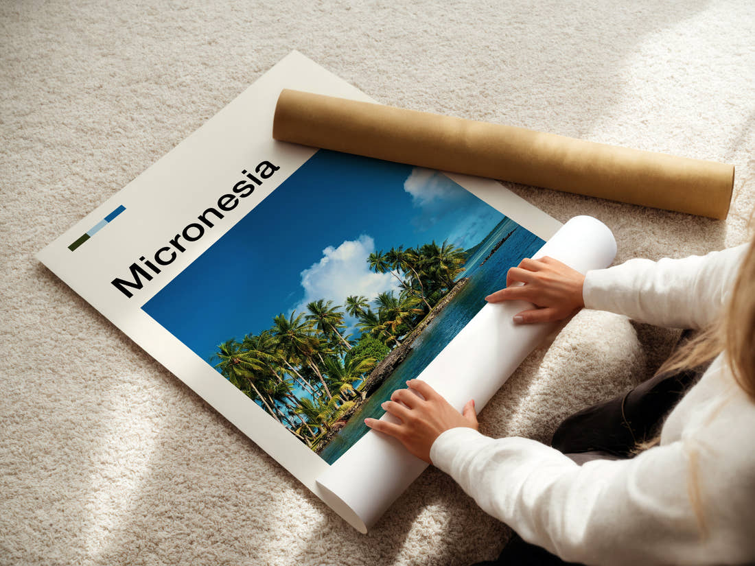 Micronesia Palm-Fringed Lagoon Travel Print being unrolled from its postal tube