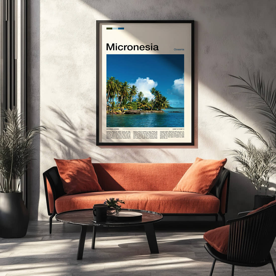 Micronesia Palm-Fringed Lagoon Travel Print framed on the wall of a modern living room