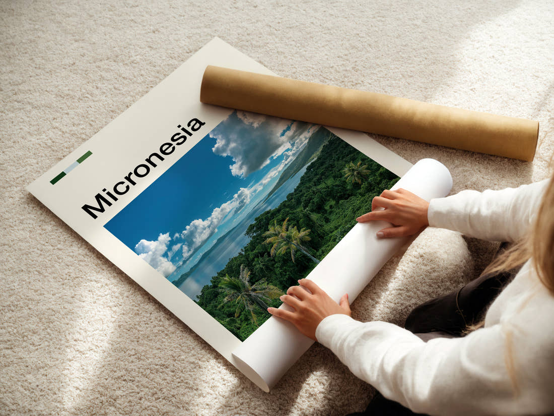 Micronesia Lagoon From Above Travel Print being unrolled from its postal tube