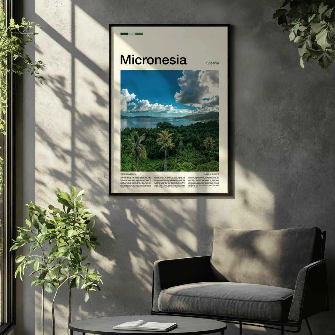 Micronesia Lagoon From Above Travel Print framed on the wall of a relaxed living room