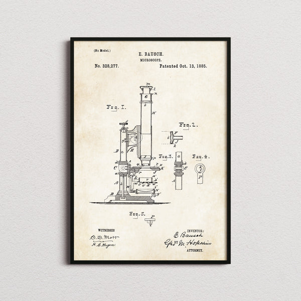 Microscope Patent Print in the aged paper colourway, framed
