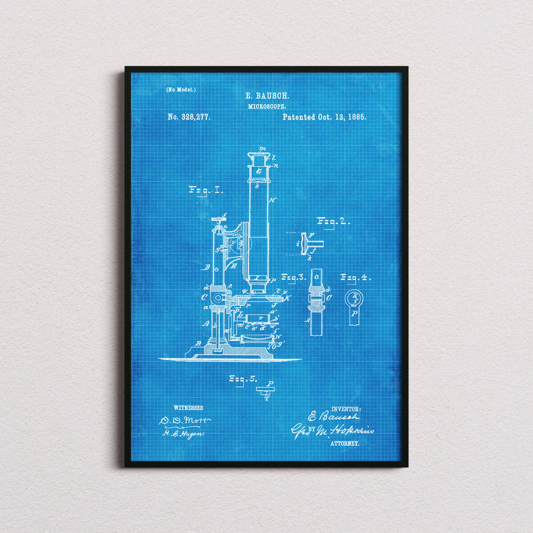 Microscope Patent Print in the blueprint colourway, framed