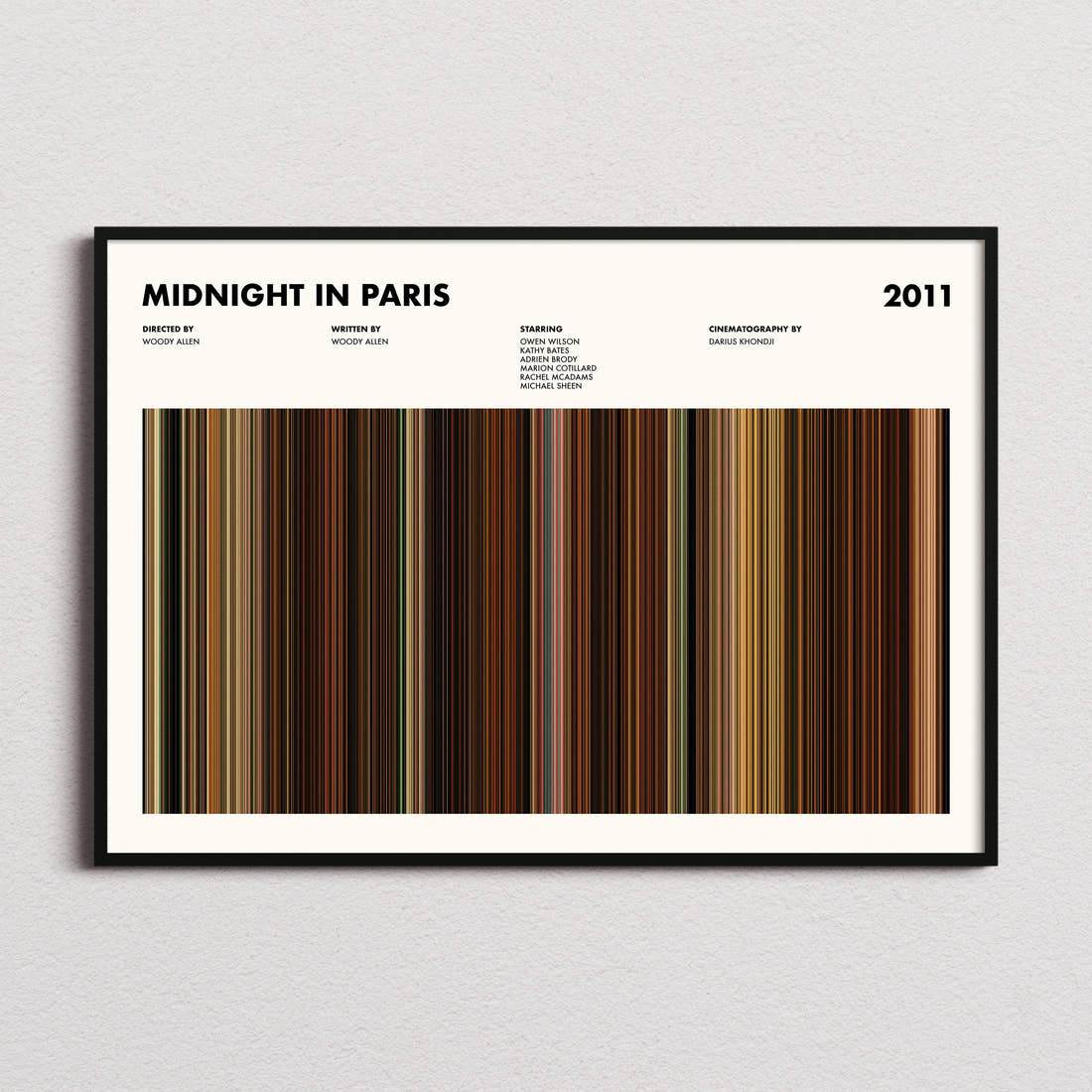 Midnight In Paris Movie Barcode Poster framed and photographed straight on