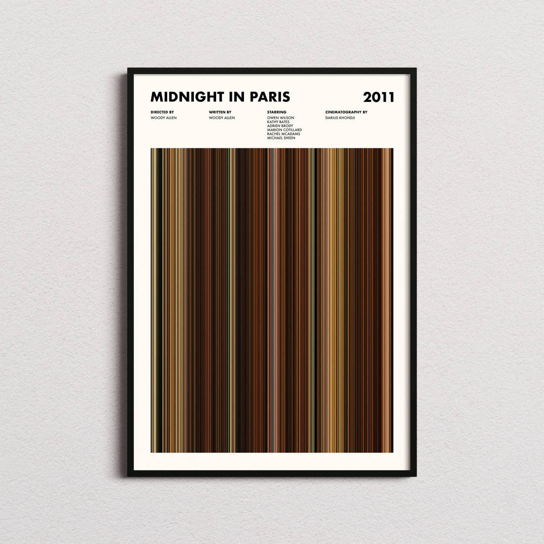 Midnight In Paris Movie Barcode Poster framed on a plain studio wall
