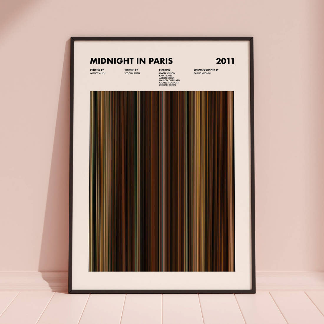 Midnight In Paris Movie Barcode Poster framed and leaning against a coloured wall