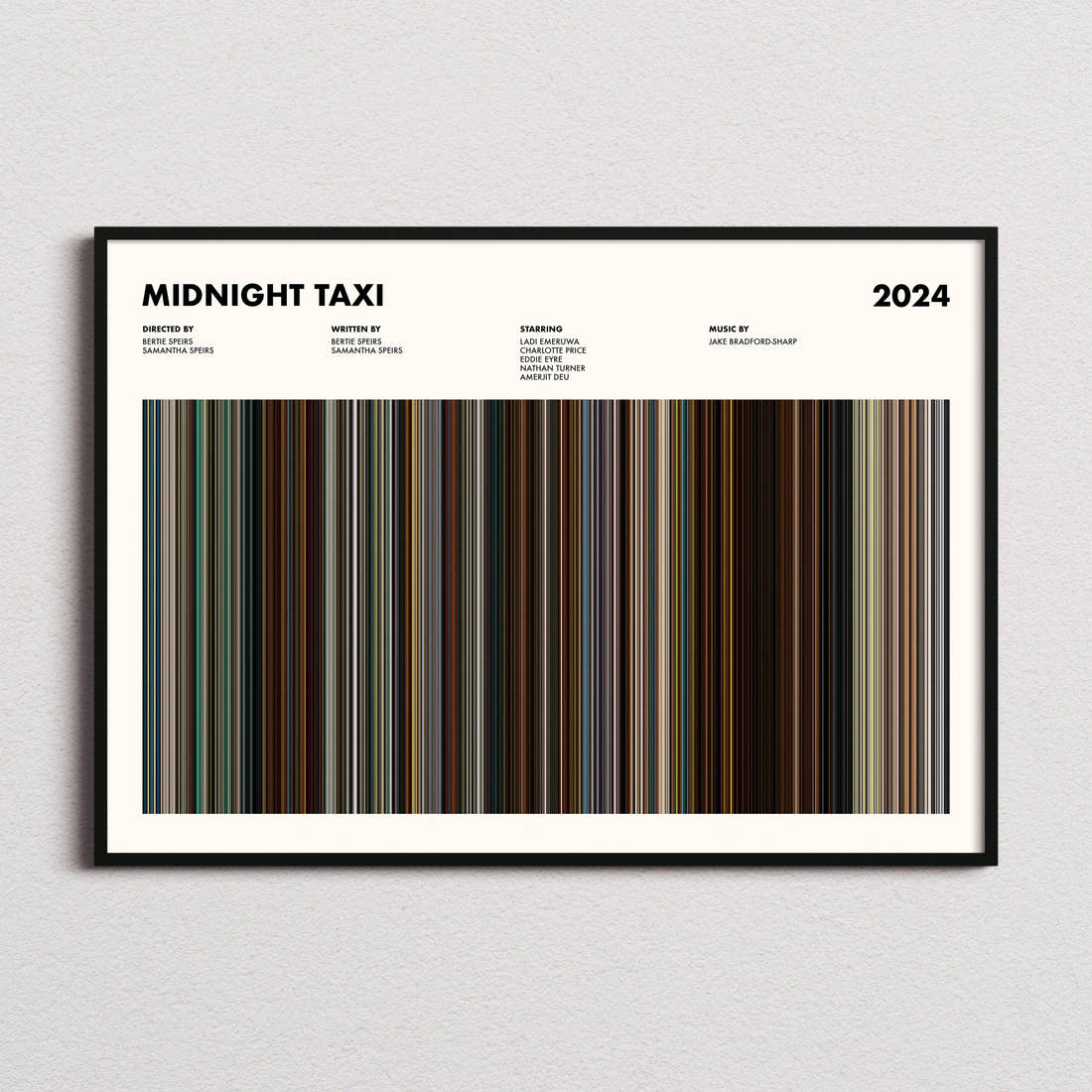 Midnight Taxi Movie Barcode Poster framed and photographed straight on