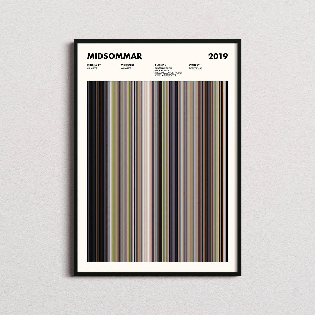 Midsommar Movie Barcode Poster framed on a plain studio wall