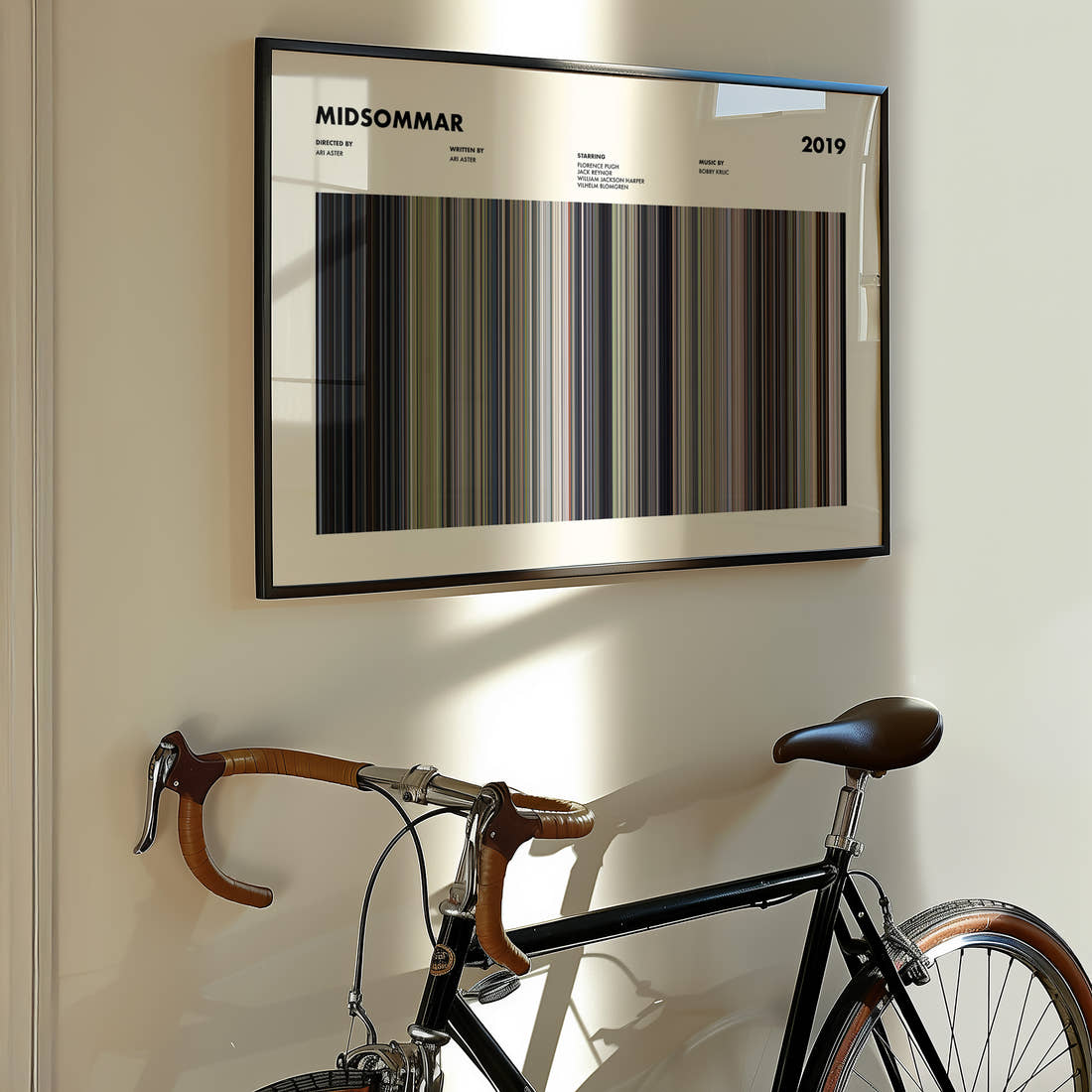 Midsommar Movie Barcode Poster framed on the wall of a styled room setting